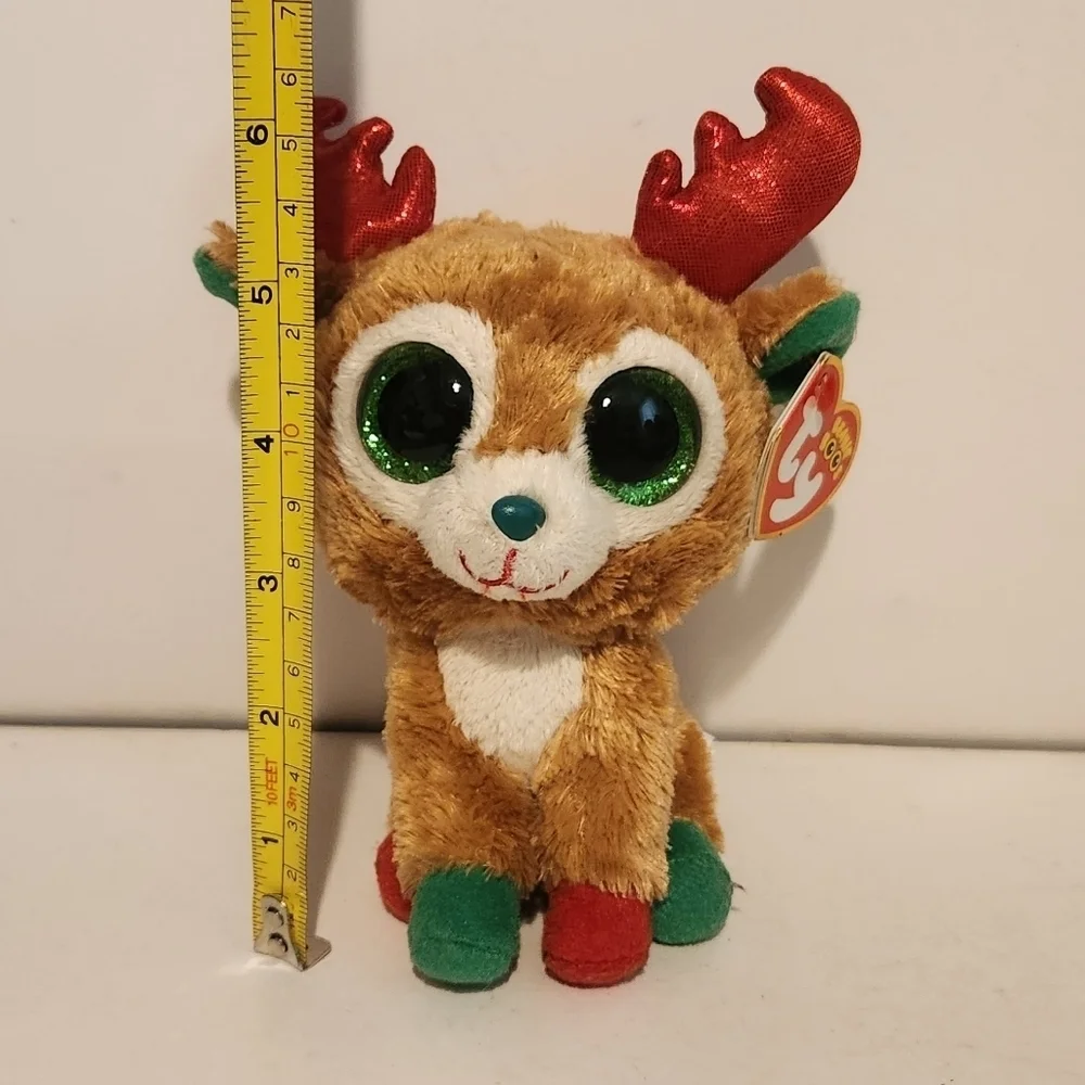 6” Ty Alpine Reindeer Plush Christmas Themed Red Antlers and Green Eyes